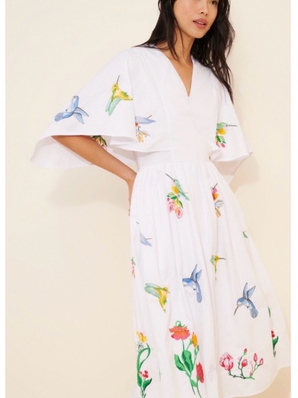 Anthropologie White Midi Dress with Multicolor Hummingbird Embroidery 8 FANM MON